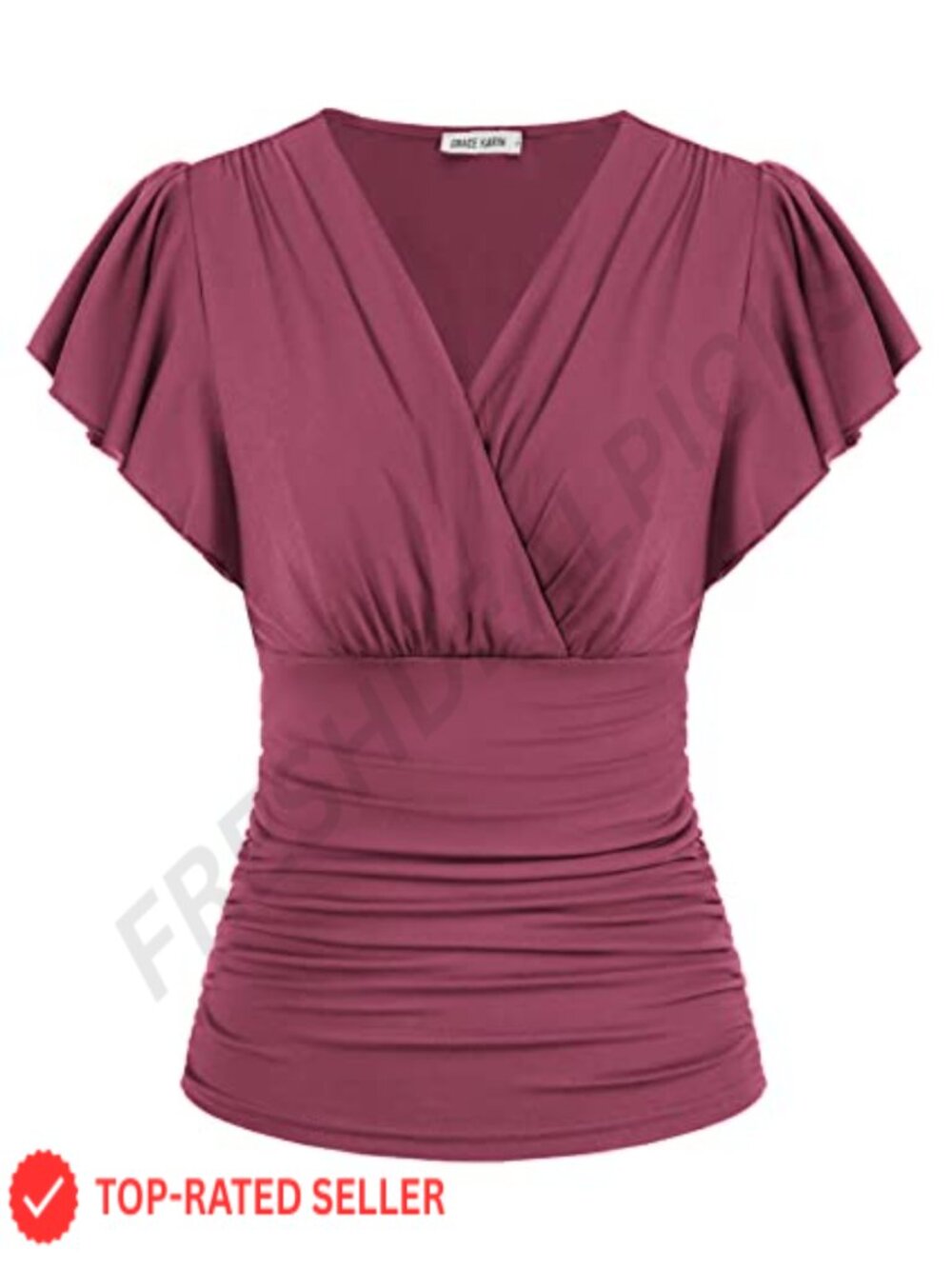 Womens Ruffle Sleeve Wrap V-Neck Ruched Waist Blouse Dressy Casual Top